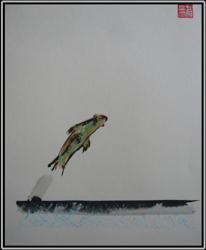 Flying Fish   chinese ink, oil pastel, acrylic   27,5 cm x 39 cm